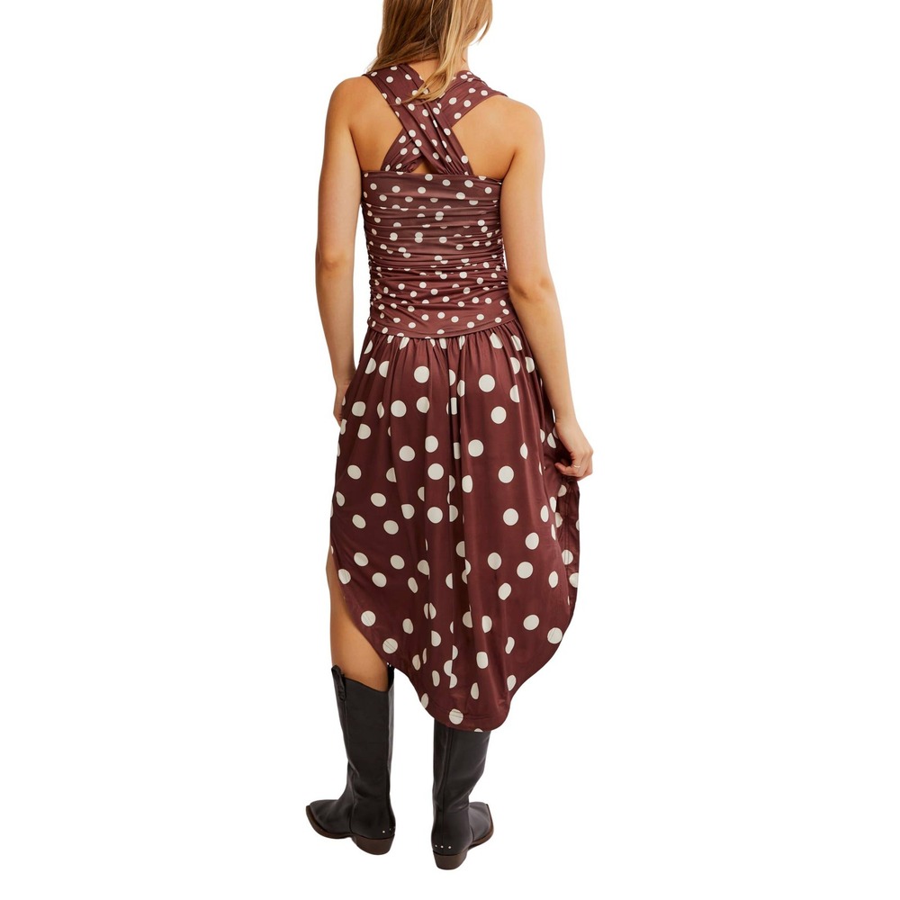 Free People Size L Brown Square Neck Raylon Variegated Polka Dot Midi Dress - Picture 2 of 9